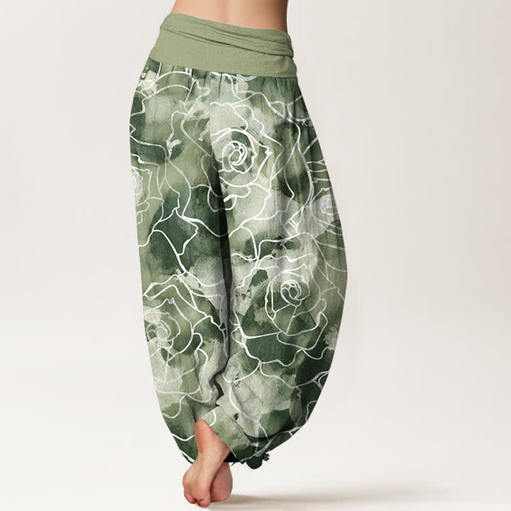 Buddha Stones Pantalones harem de mujer con cintura elástica y estampado de rosas de algodón blanco. - image 2