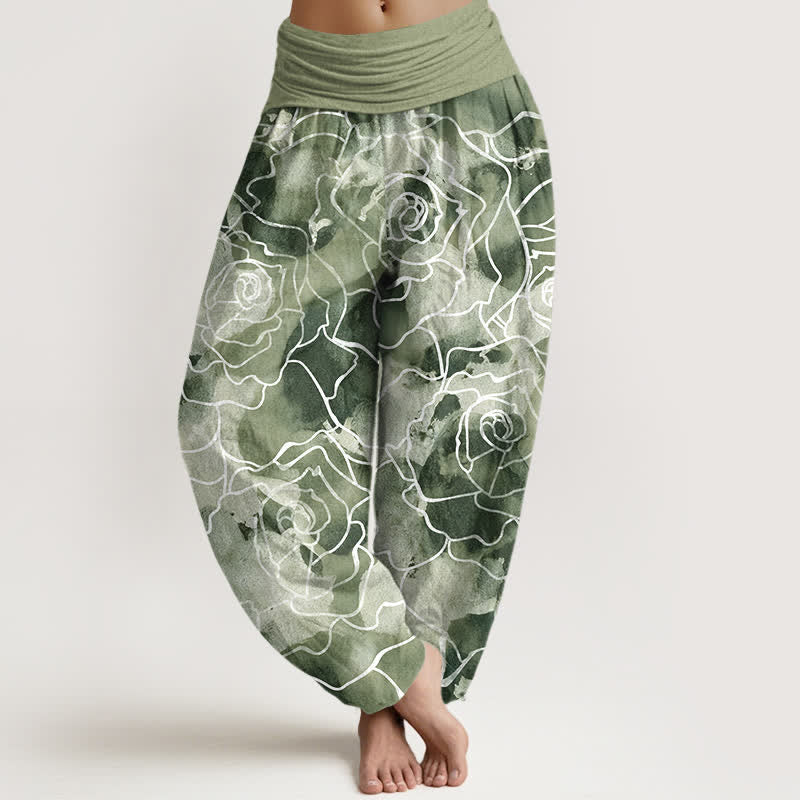 Buddha Stones Pantalones harem de mujer con cintura elástica y estampado de rosas de algodón blanco. - Verde mar oscuro - US16，UK/AU20，EU48 (3XL) - image 0