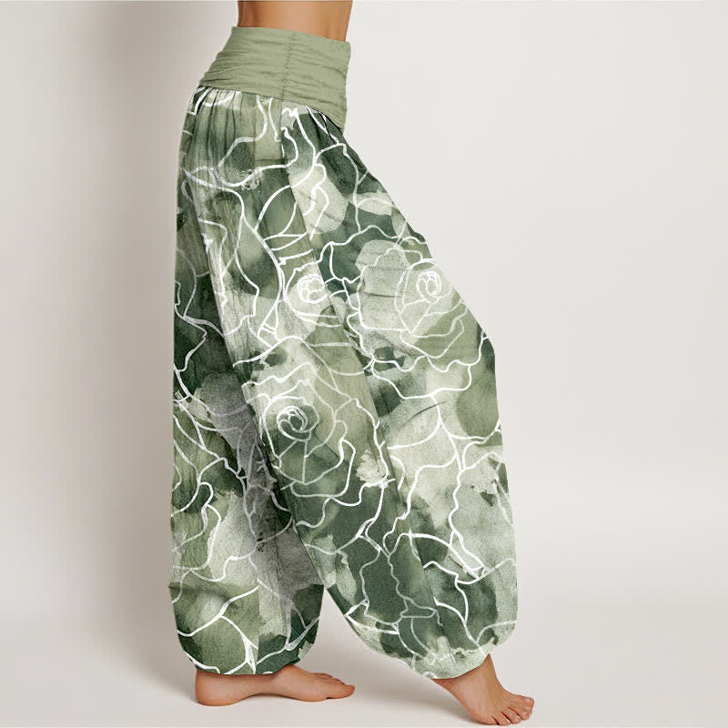 Buddha Stones Pantalones harem de mujer con cintura elástica y estampado de rosas de algodón blanco. - image 1