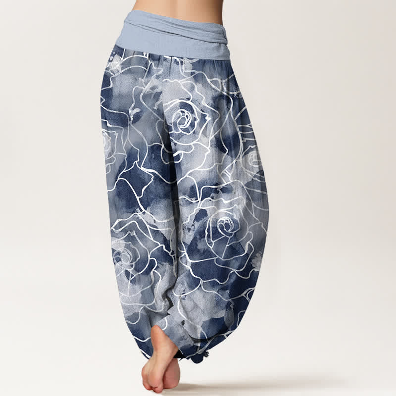 Buddha Stones Pantalones harem de mujer con cintura elástica y estampado de rosas de algodón blanco. - image 7