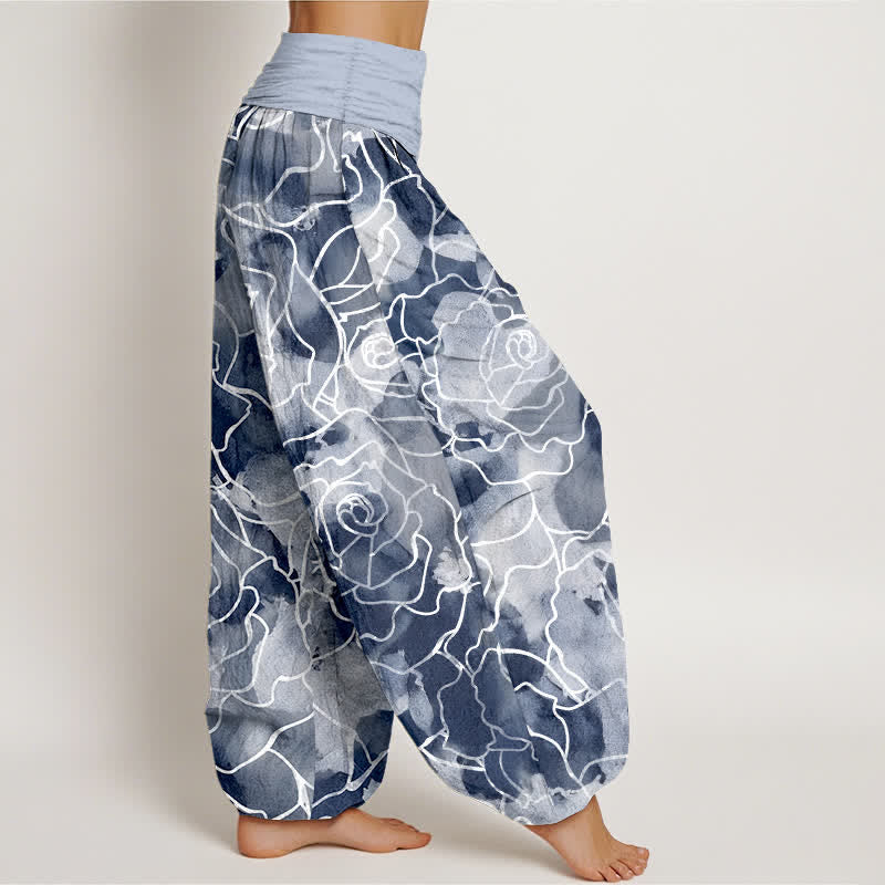 Buddha Stones Pantalones harem de mujer con cintura elástica y estampado de rosas de algodón blanco. - image 6