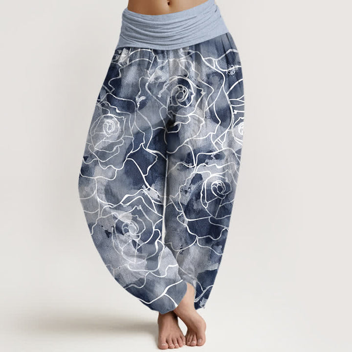Buddha Stones Pantalones harem de mujer con cintura elástica y estampado de rosas de algodón blanco. - Azul claro - US16，UK/AU20，EU48 (3XL) - image 5