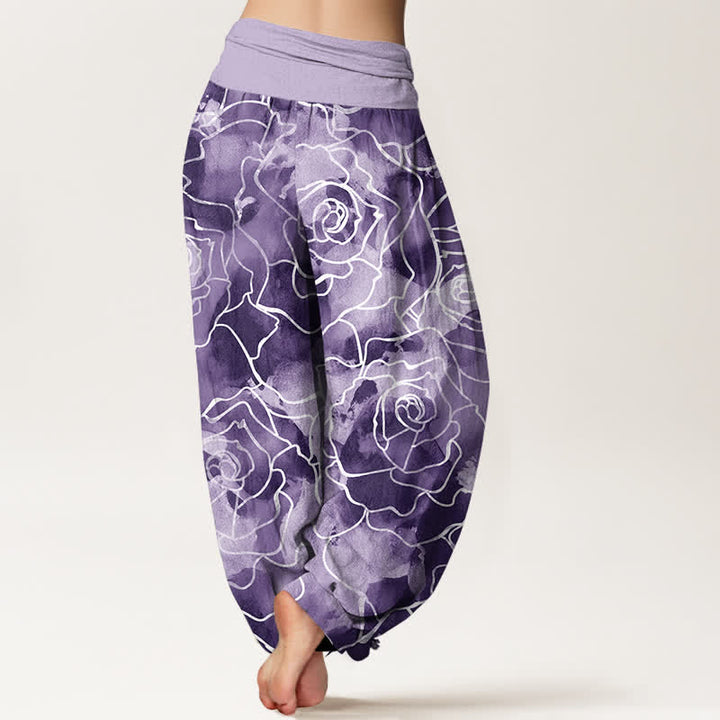 Buddha Stones Pantalones harem de mujer con cintura elástica y estampado de rosas de algodón blanco. - image 10