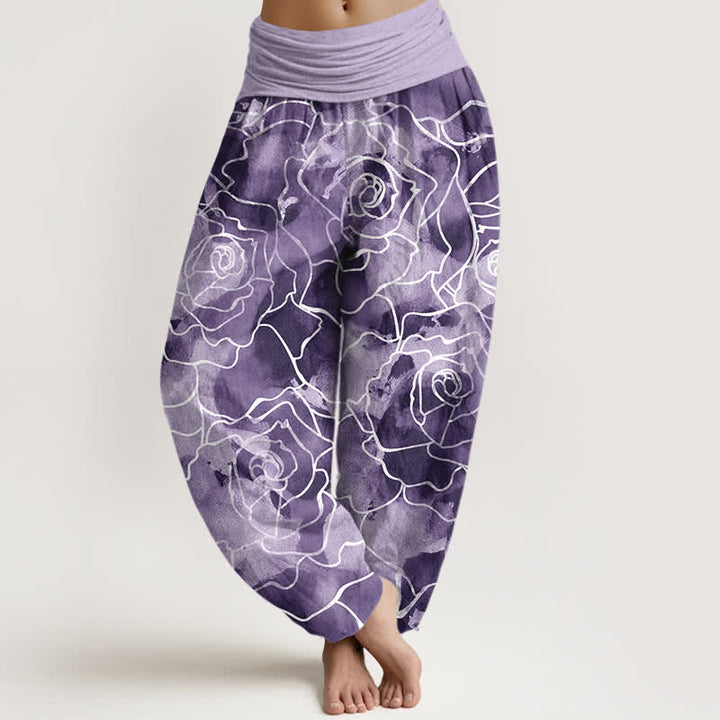 Buddha Stones Pantalones harem de mujer con cintura elástica y estampado de rosas de algodón blanco. - Morado medio - US16，UK/AU20，EU48 (3XL) - image 8