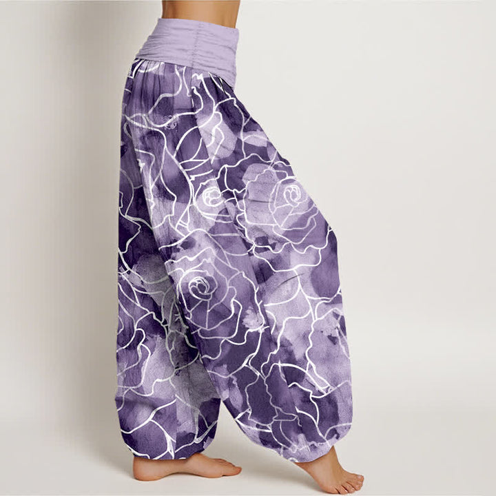 Buddha Stones Pantalones harem de mujer con cintura elástica y estampado de rosas de algodón blanco. - image 9