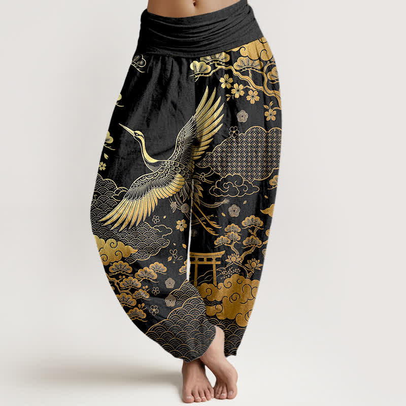 Buddha Stones Pantalones harem de algodón con estampado de grulla dorada y nubes para mujer, con cintura elástica. - Negro - US16，UK/AU20，EU48 (3XL) - image 0