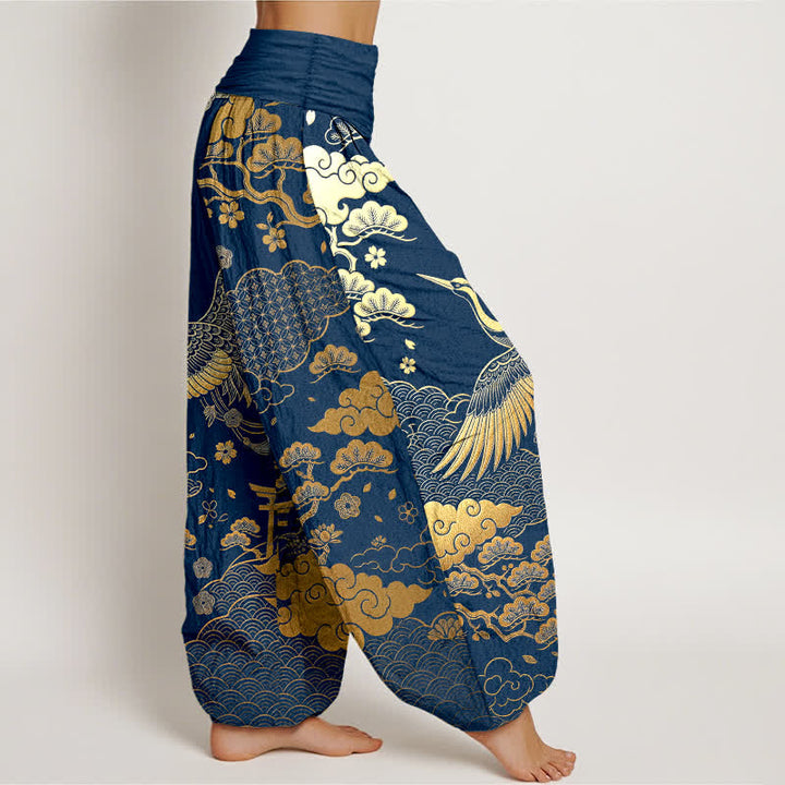 Buddha Stones Pantalones harem de algodón con estampado de grulla dorada y nubes para mujer, con cintura elástica. - image 6