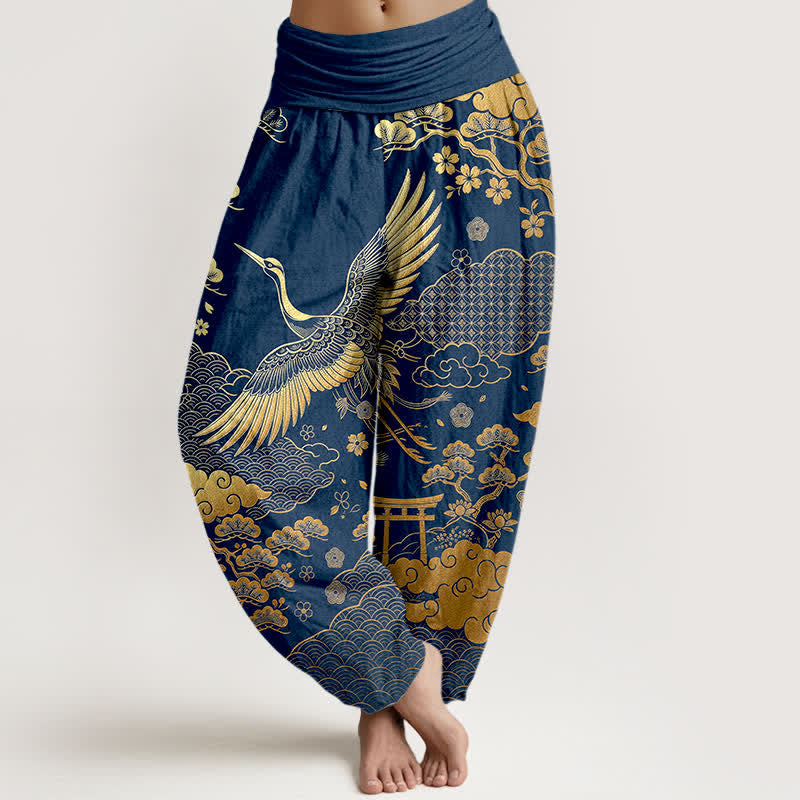 Buddha Stones Pantalones harem de algodón con estampado de grulla dorada y nubes para mujer, con cintura elástica. - Marina de guerra - US16，UK/AU20，EU48 (3XL) - image 5