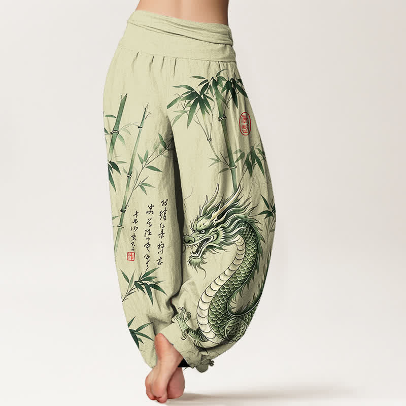 Buddha Stones Pantalones harem de mujer con cintura elástica y estampado de bambú y dragón de algodón - image 2