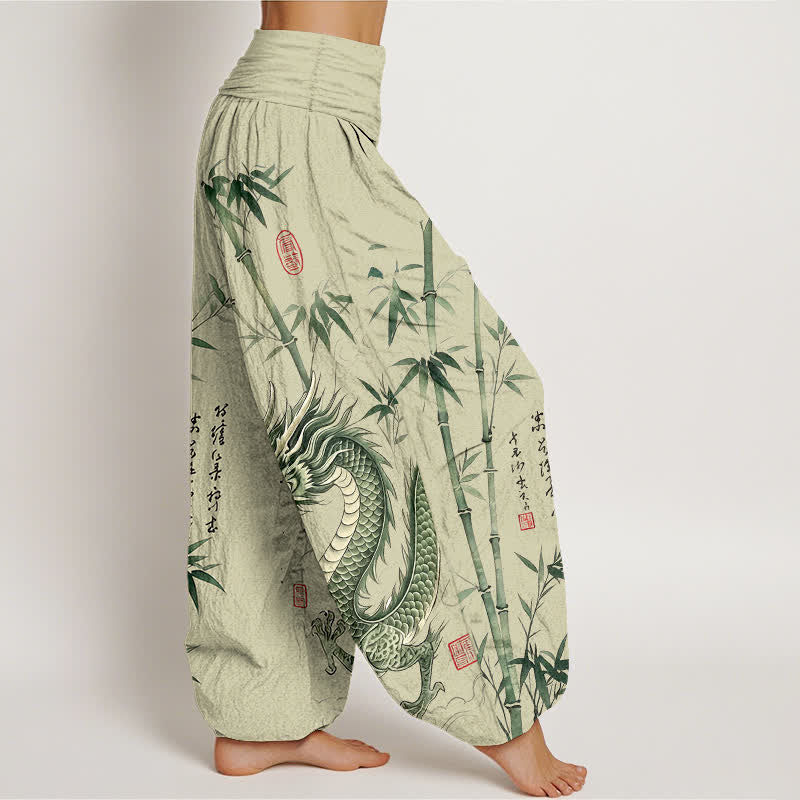 Buddha Stones Pantalones harem de mujer con cintura elástica y estampado de bambú y dragón de algodón - image 1