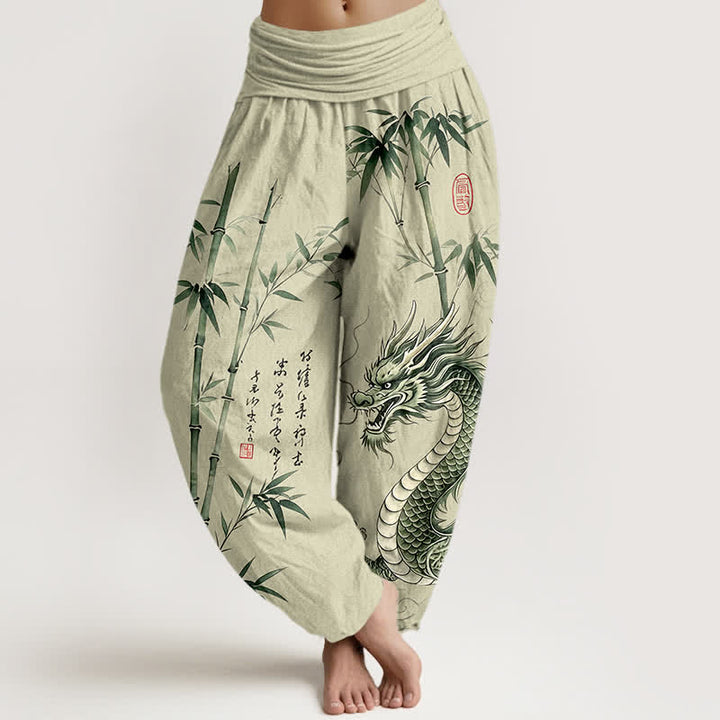 Buddha Stones Pantalones harem de mujer con cintura elástica y estampado de bambú y dragón de algodón - Beige - US16，UK/AU20，EU48 (3XL) - image 0