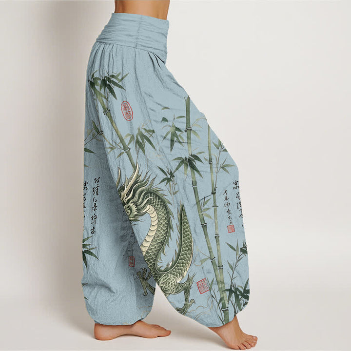 Buddha Stones Pantalones harem de mujer con cintura elástica y estampado de bambú y dragón de algodón - image 6