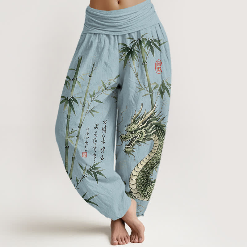 Buddha Stones Pantalones harem de mujer con cintura elástica y estampado de bambú y dragón de algodón - Azul claro - US16，UK/AU20，EU48 (3XL) - image 5