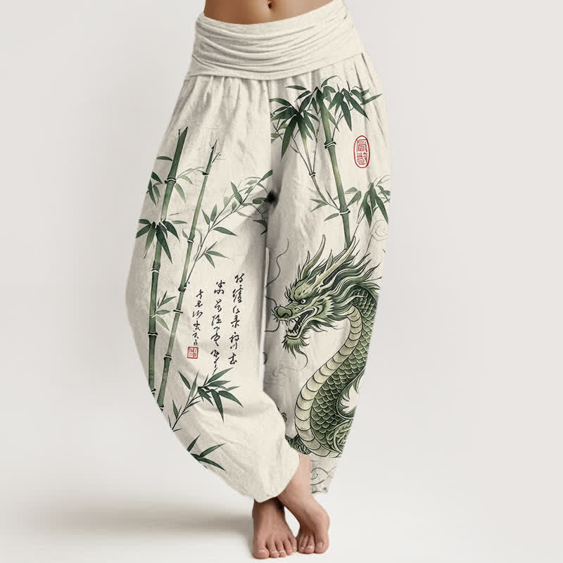 Buddha Stones Pantalones harem de mujer con cintura elástica y estampado de bambú y dragón de algodón - Marfil - US16，UK/AU20，EU48 (3XL) - image 8