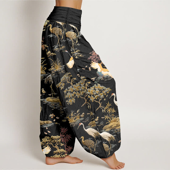 Buddha Stones Pantalones harem de mujer con cintura elástica y estampado floral de grullas de algodón. - image 1