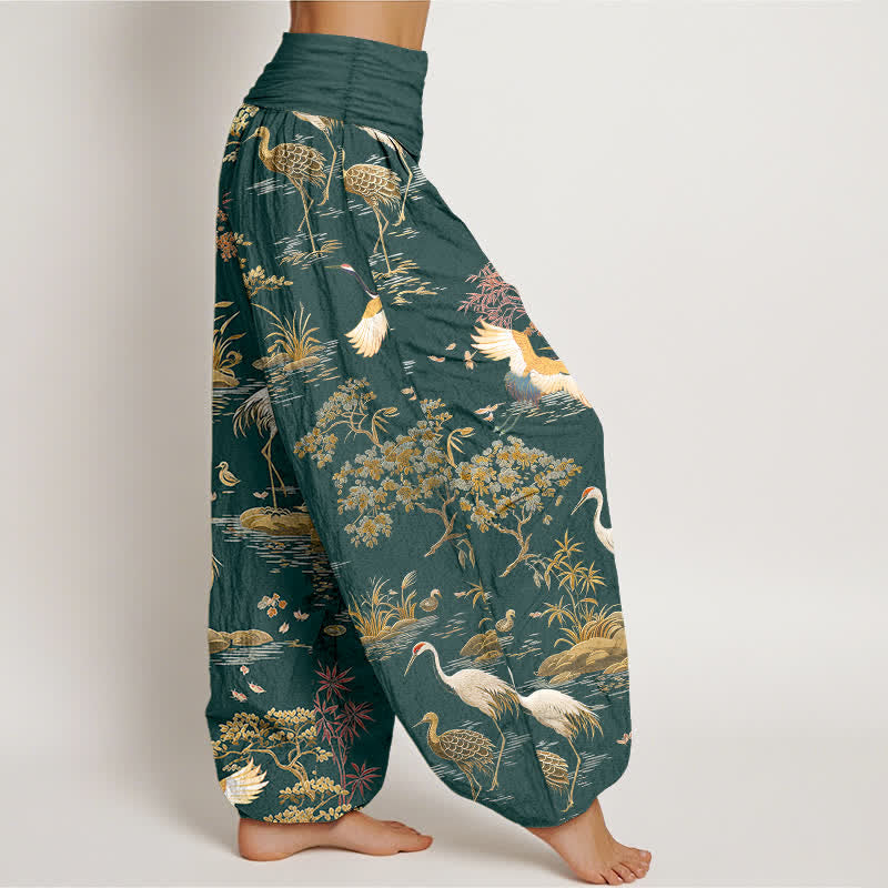 Buddha Stones Pantalones harem de mujer con cintura elástica y estampado floral de grullas de algodón. - image 6