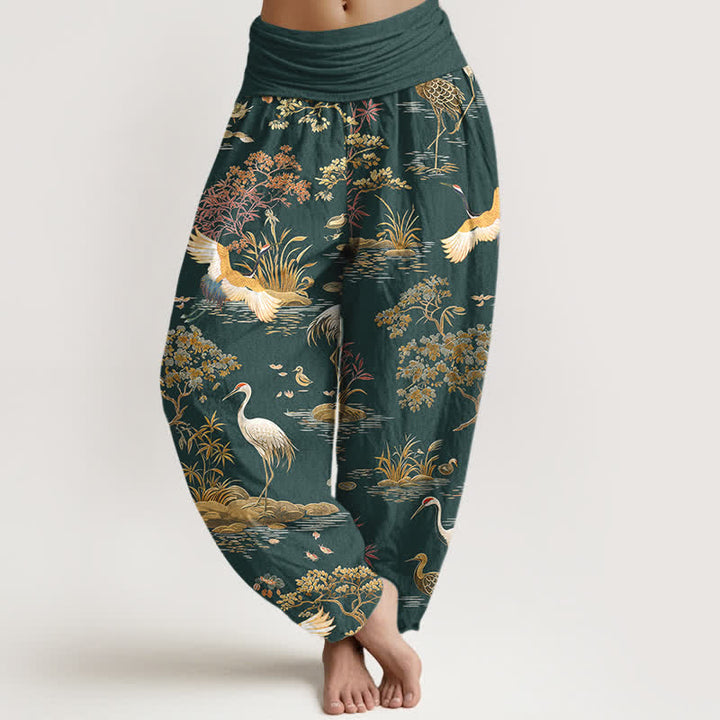 Buddha Stones Pantalones harem de mujer con cintura elástica y estampado floral de grullas de algodón. - cian oscuro - US16，UK/AU20，EU48 (3XL) - image 5
