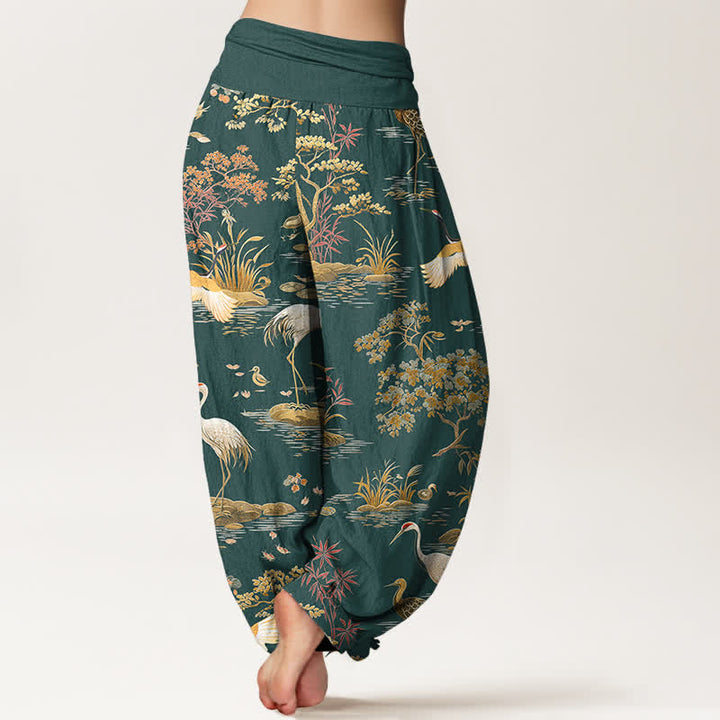 Buddha Stones Pantalones harem de mujer con cintura elástica y estampado floral de grullas de algodón. - image 7