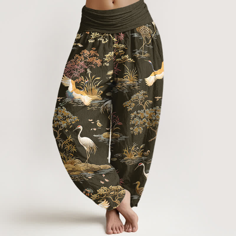 Buddha Stones Pantalones harem de mujer con cintura elástica y estampado floral de grullas de algodón. - Aceituna - US16，UK/AU20，EU48 (3XL) - image 8