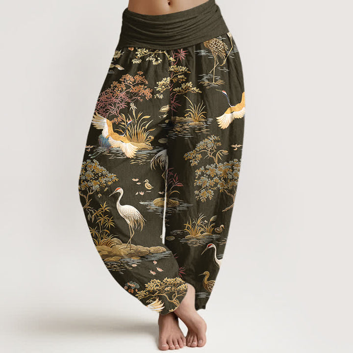 Buddha Stones Pantalones harem de mujer con cintura elástica y estampado floral de grullas de algodón. - Aceituna - US16，UK/AU20，EU48 (3XL) - image 8