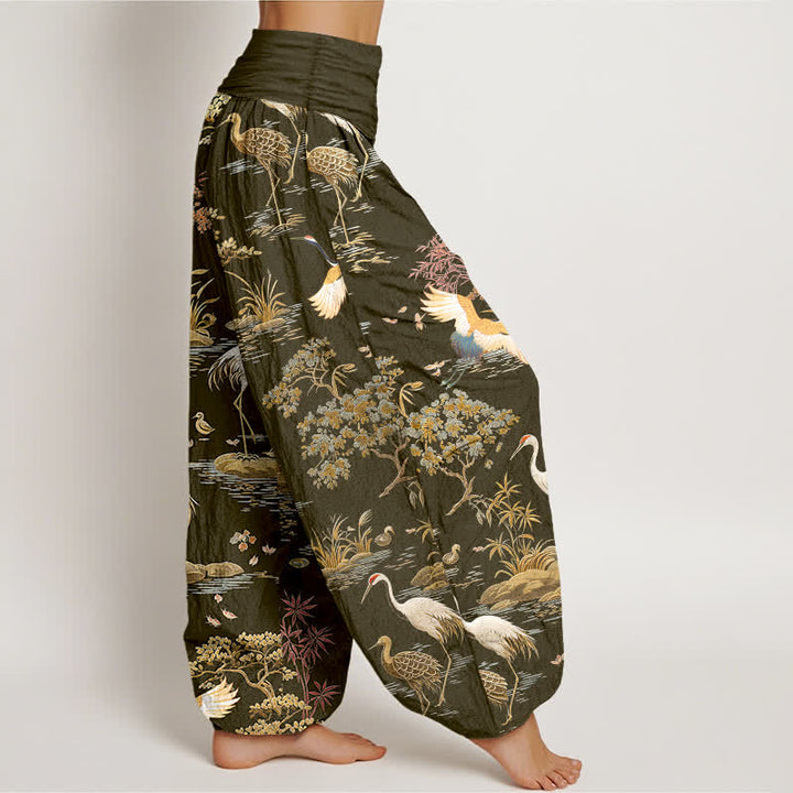 Buddha Stones Pantalones harem de mujer con cintura elástica y estampado floral de grullas de algodón. - image 9
