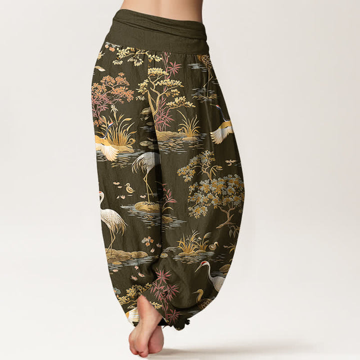 Buddha Stones Pantalones harem de mujer con cintura elástica y estampado floral de grullas de algodón. - image 10