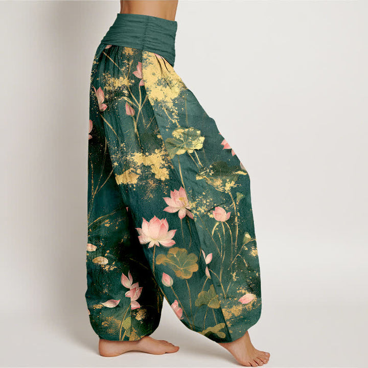 Buddha Stones Pantalones harem de algodón rosa con estampado de salpicaduras doradas para mujer con cintura elástica. - image 2
