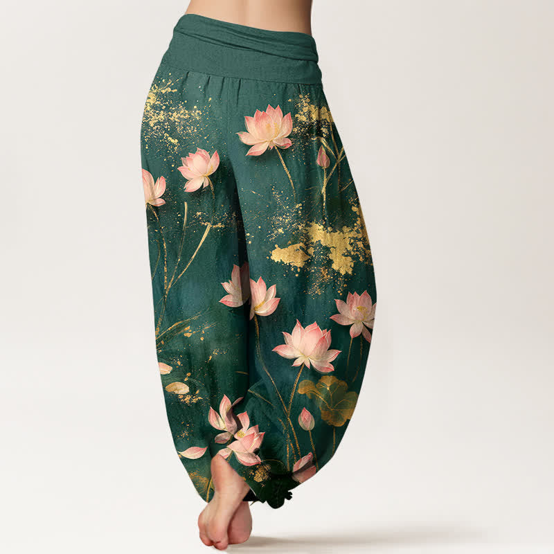 Buddha Stones Pantalones harem de algodón rosa con estampado de salpicaduras doradas para mujer con cintura elástica. - image 1