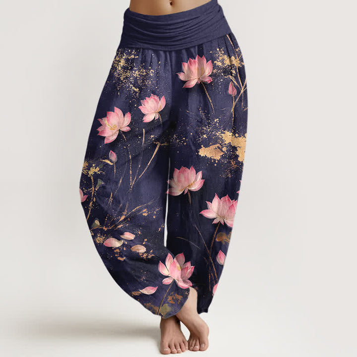 Buddha Stones Pantalones harem de algodón rosa con estampado de salpicaduras doradas para mujer con cintura elástica. - Índigo - US16，UK/AU20，EU48 (3XL) - image 5