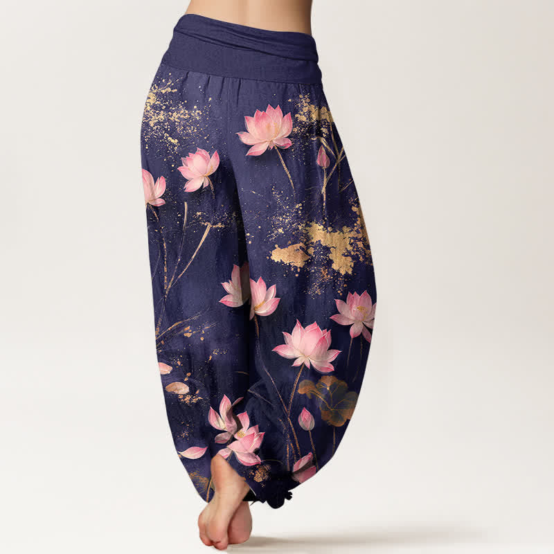 Buddha Stones Pantalones harem de algodón rosa con estampado de salpicaduras doradas para mujer con cintura elástica. - image 7