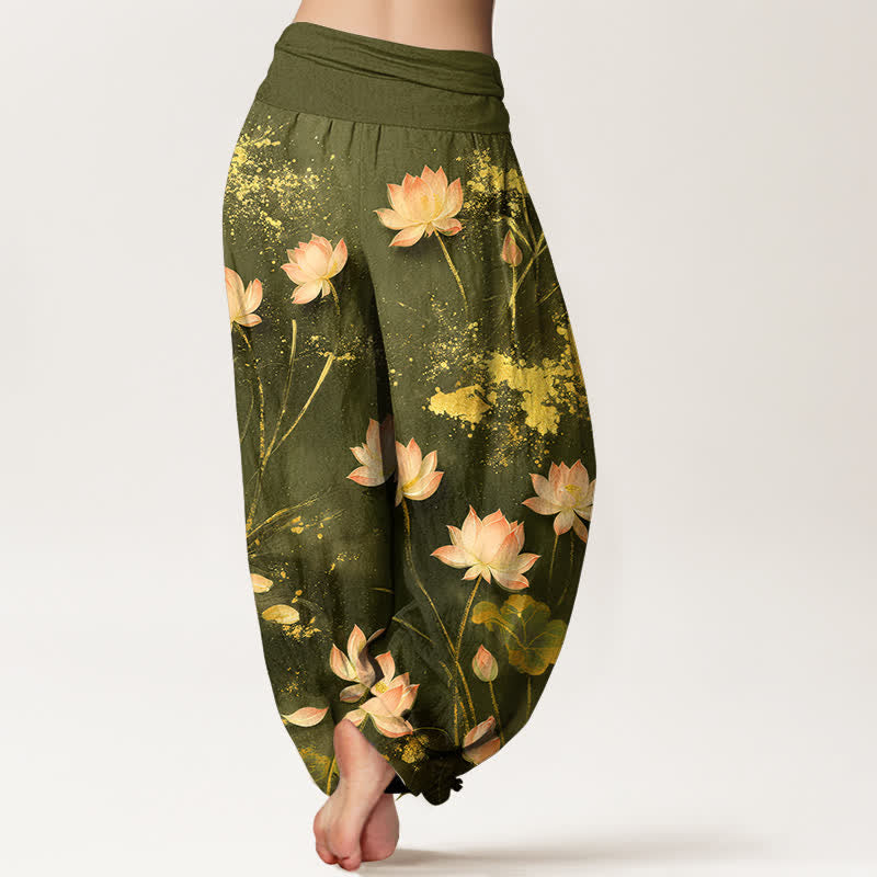 Buddha Stones Pantalones harem de algodón rosa con estampado de salpicaduras doradas para mujer con cintura elástica. - image 10