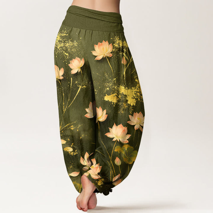 Buddha Stones Pantalones harem de algodón rosa con estampado de salpicaduras doradas para mujer con cintura elástica. - image 10