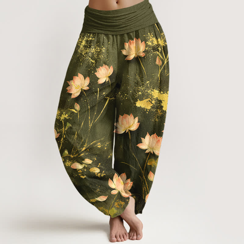 Buddha Stones Pantalones harem de algodón rosa con estampado de salpicaduras doradas para mujer con cintura elástica. - Verde oliva - US16，UK/AU20，EU48 (3XL) - image 8