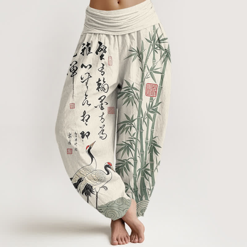 Buddha Stones Pantalones harem de mujer con cintura elástica y estampado de grullas caligráficas de algodón y bambú para mujer. - Marfil - US16，UK/AU20，EU48 (3XL) - image 0