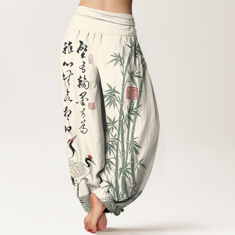 Buddha Stones Pantalones harem de mujer con cintura elástica y estampado de grullas caligráficas de algodón y bambú para mujer. - image 2