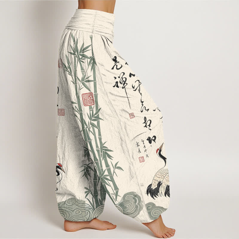 Buddha Stones Pantalones harem de mujer con cintura elástica y estampado de grullas caligráficas de algodón y bambú para mujer. - image 1