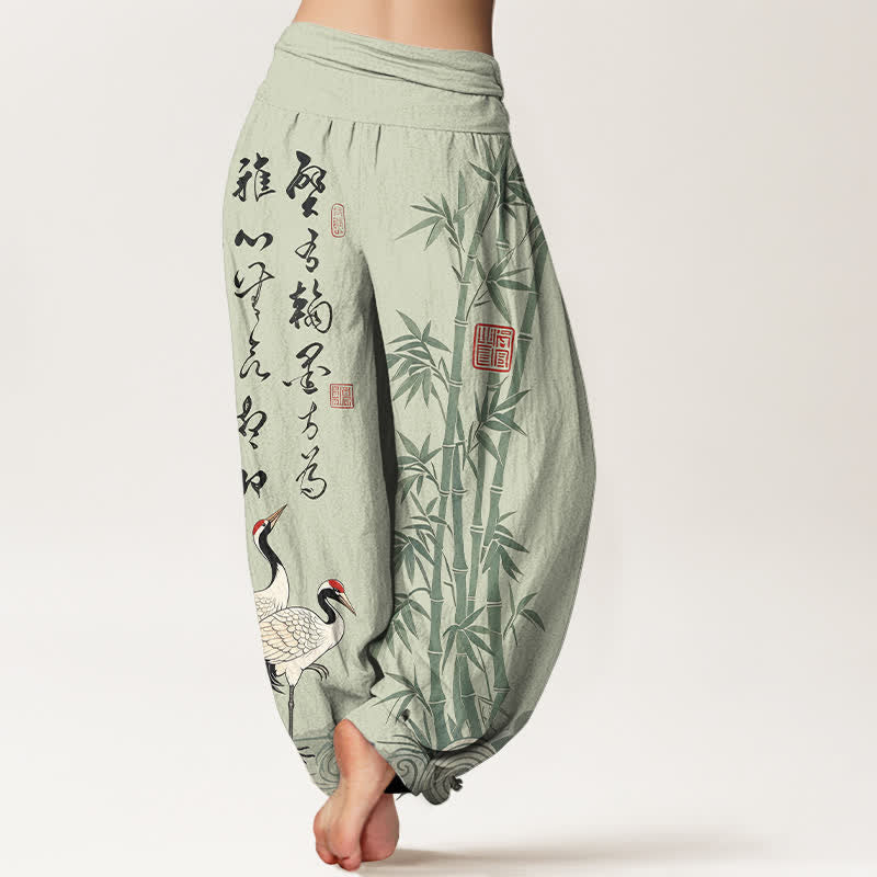 Buddha Stones Pantalones harem de mujer con cintura elástica y estampado de grullas caligráficas de algodón y bambú para mujer. - image 7