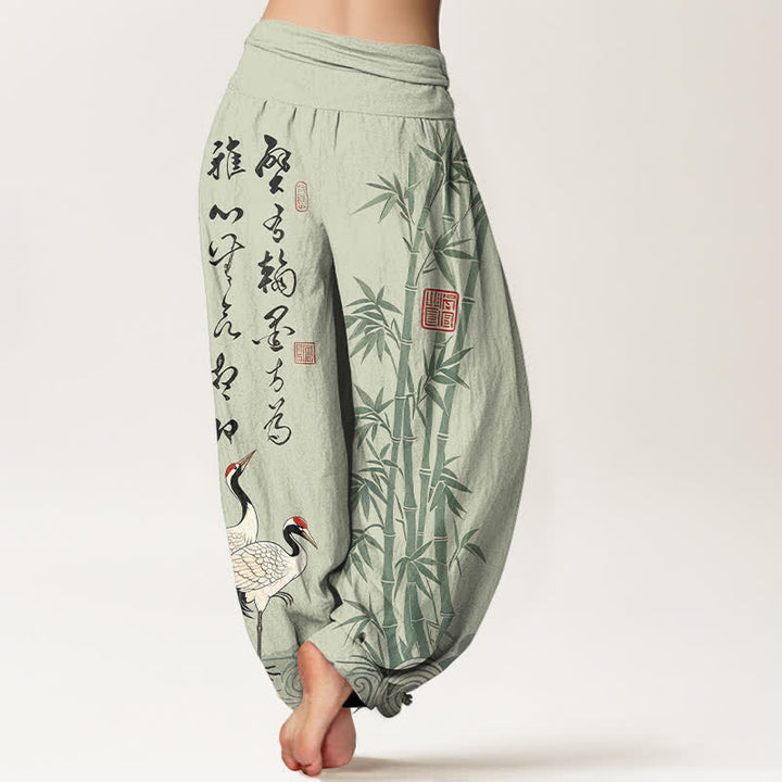 Buddha Stones Pantalones harem de mujer con cintura elástica y estampado de grullas caligráficas de algodón y bambú para mujer. - image 7