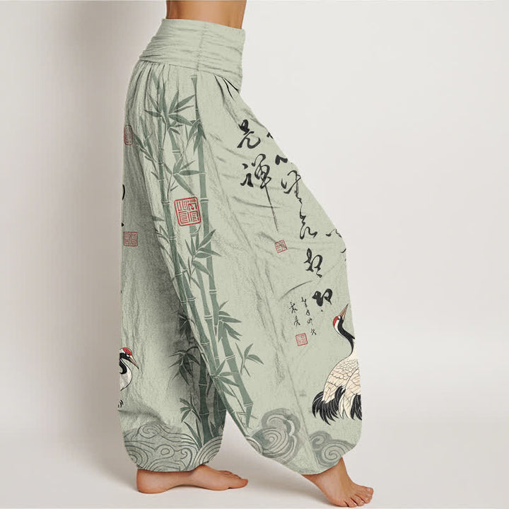 Buddha Stones Pantalones harem de mujer con cintura elástica y estampado de grullas caligráficas de algodón y bambú para mujer. - image 6