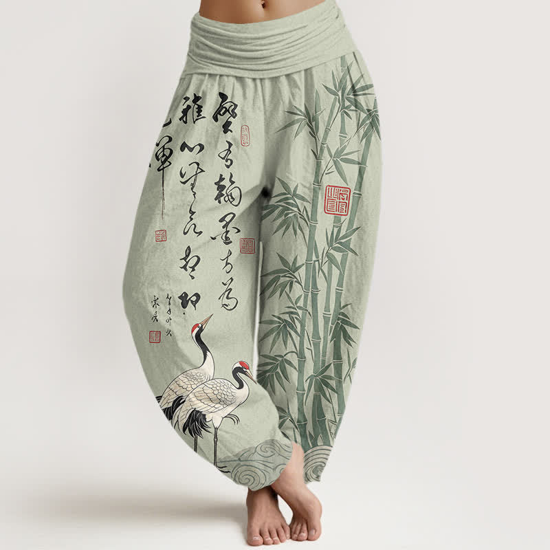 Buddha Stones Pantalones harem de mujer con cintura elástica y estampado de grullas caligráficas de algodón y bambú para mujer. - Verde mar oscuro - US16，UK/AU20，EU48 (3XL) - image 5