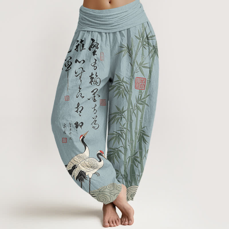 Buddha Stones Pantalones harem de mujer con cintura elástica y estampado de grullas caligráficas de algodón y bambú para mujer. - Azul claro - US16，UK/AU20，EU48 (3XL) - image 8