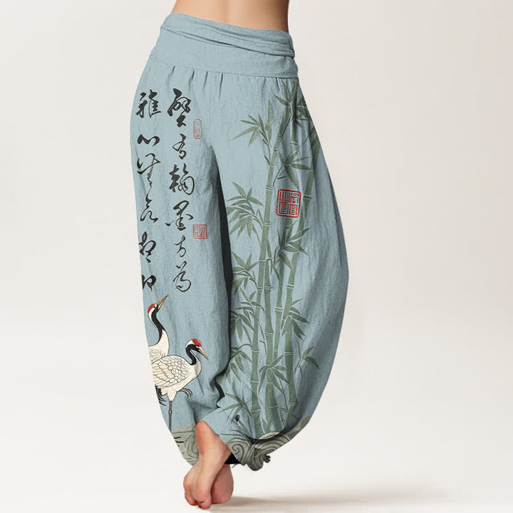 Buddha Stones Pantalones harem de mujer con cintura elástica y estampado de grullas caligráficas de algodón y bambú para mujer. - image 10