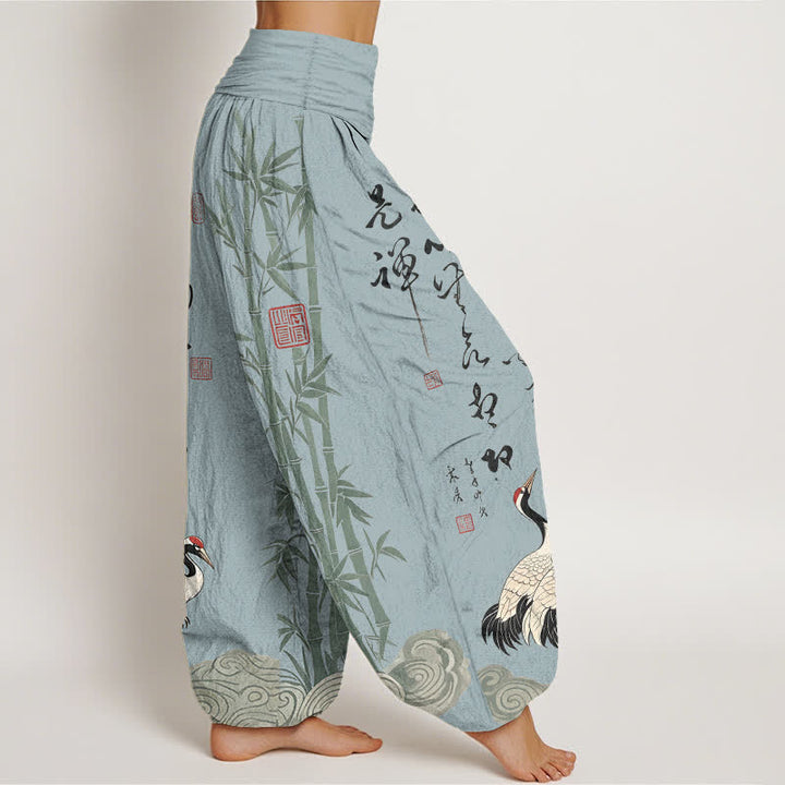 Buddha Stones Pantalones harem de mujer con cintura elástica y estampado de grullas caligráficas de algodón y bambú para mujer. - image 9