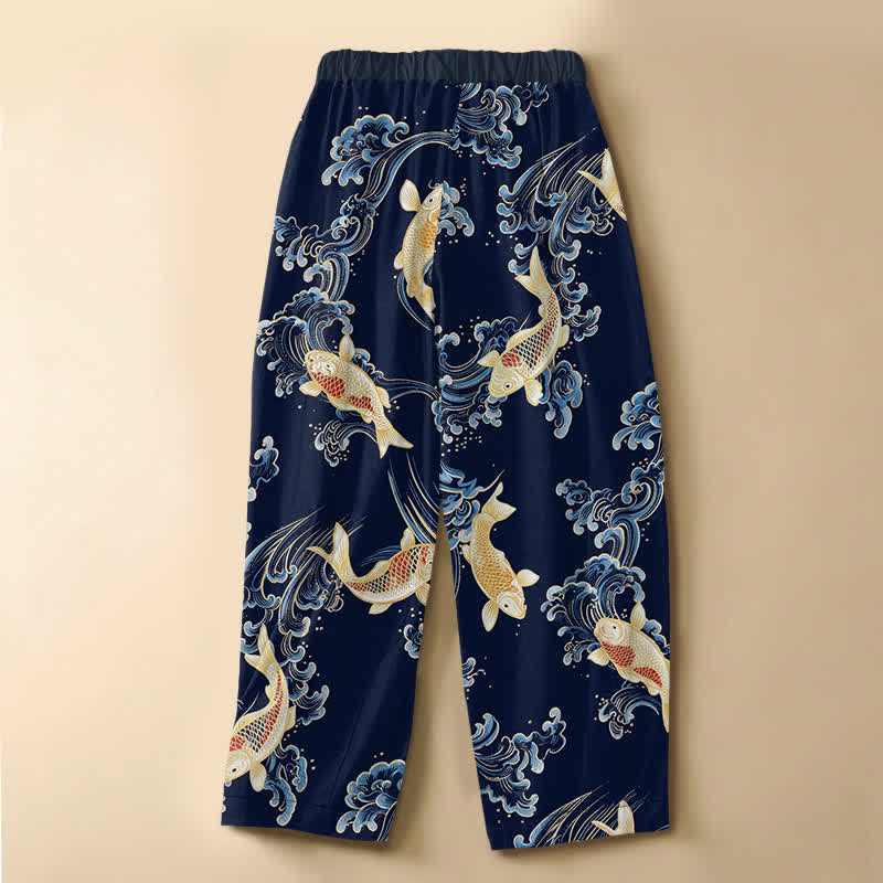 Buddha Stones Pantalones harem de algodón puro con estampado vintage de olas Koi, botones de rana y cintura elástica para mujer con bolsillos. - image 1