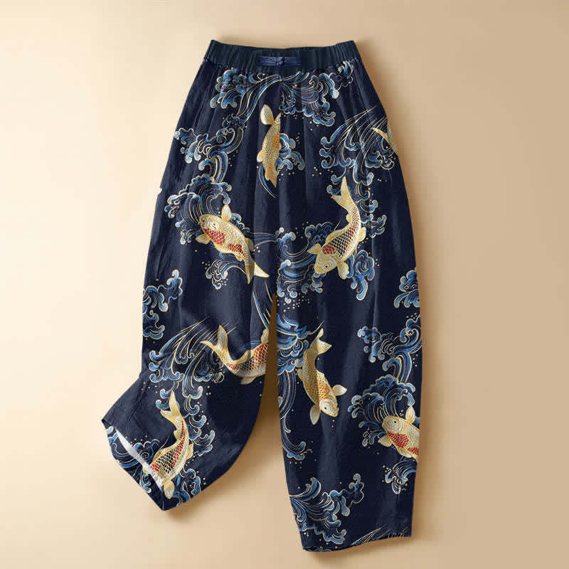 Buddha Stones Pantalones harem de algodón puro con estampado vintage de olas Koi, botones de rana y cintura elástica para mujer con bolsillos. - Marina de guerra - US16，UK/AU20，EU48 (3XL) - image 0