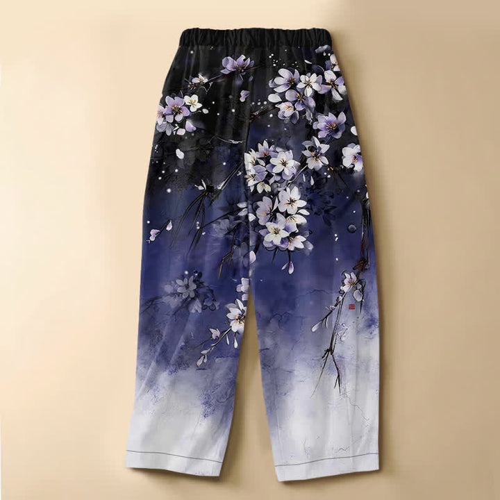 Buddha Stones Pantalones harem de mujer con cintura elástica, bolsillos y estampado degradado de flores de cerezo en algodón puro. - image 1