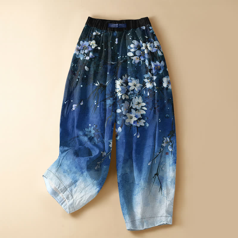 Buddha Stones Pantalones harem de mujer con cintura elástica, bolsillos y estampado degradado de flores de cerezo en algodón puro. - Azul - US16，UK/AU20，EU48 (3XL) - image 5
