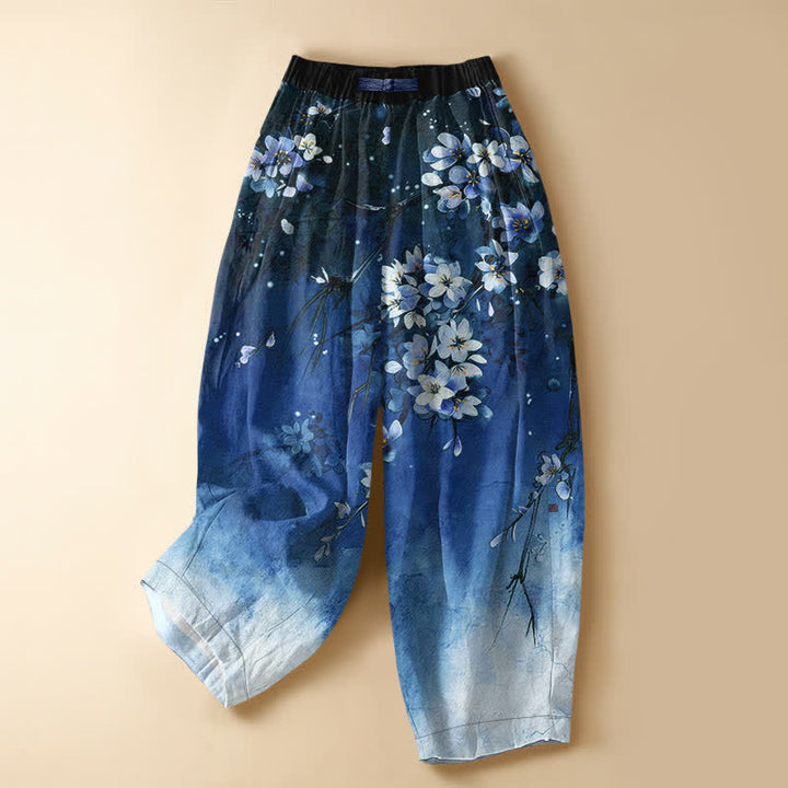 Buddha Stones Pantalones harem de mujer con cintura elástica, bolsillos y estampado degradado de flores de cerezo en algodón puro. - Azul - US16，UK/AU20，EU48 (3XL) - image 5