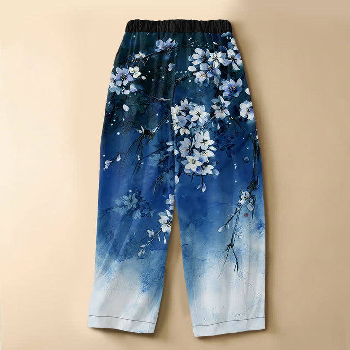 Buddha Stones Pantalones harem de mujer con cintura elástica, bolsillos y estampado degradado de flores de cerezo en algodón puro. - image 6