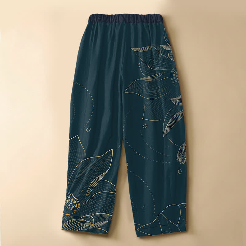 Buddha Stones Pantalones harem de algodón puro con estampado vintage de loto y botones de rana para mujer, cintura elástica y bolsillos. - image 1